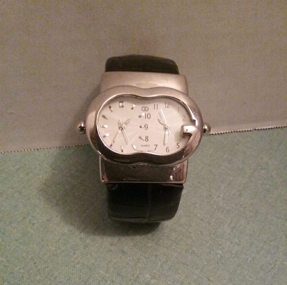 Designer W with Black Leather Band Bangle